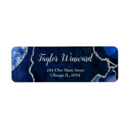 ネイビーブルーとシルバーの瑪瑙マーブル 誕生日パーティー ラベル