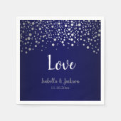 ネイビーブルーとシルバーの紙吹雪ドット スタンダードカクテルナプキン (正面)