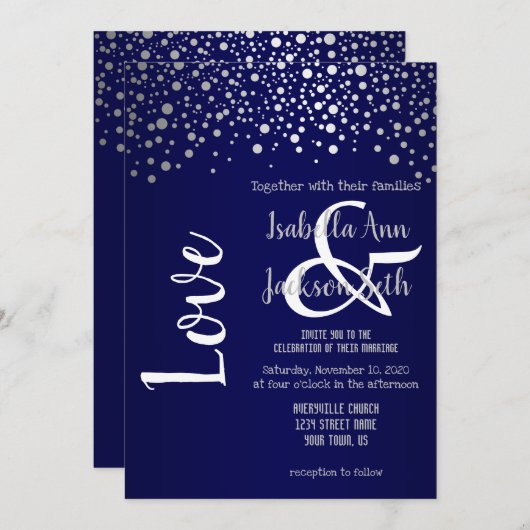 ネイビーブルーとシルバーの紙吹雪ドット 招待状 (正面/裏面)