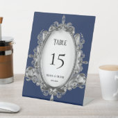 ネイビーブルーとシルバーの結婚フレームのテーブル番号 台座サイン (インサイチュ)