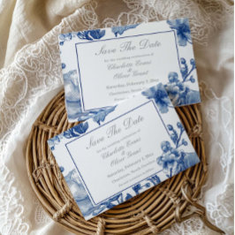 ネイビーブルーとシルバーの結婚式セーブ・ザ・デートカード セーブザデート