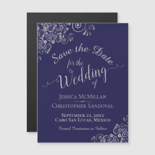 ネイビーブルーとシルバーの結婚式Save the Dateマグネット