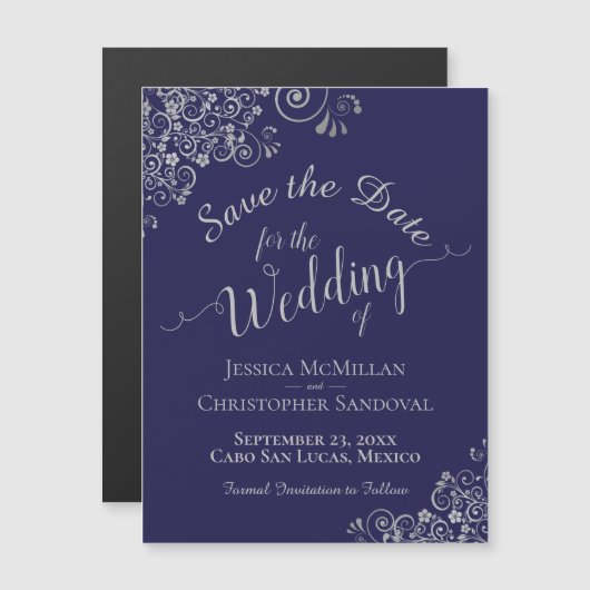 ネイビーブルーとシルバーの結婚式Save the Dateマグネット (正面/裏面)