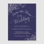 ネイビーブルーとシルバーの結婚式Save the Dateマグネット (正面)