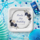 ネイビーブルーとシルバーの花エレガントの誕生日パーティー ペーパープレート (パーティー)