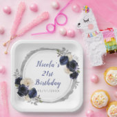 ネイビーブルーとシルバーの花エレガントの誕生日パーティー ペーパープレート (パーティー)