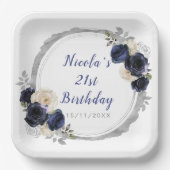 ネイビーブルーとシルバーの花エレガントの誕生日パーティー ペーパープレート (正面)