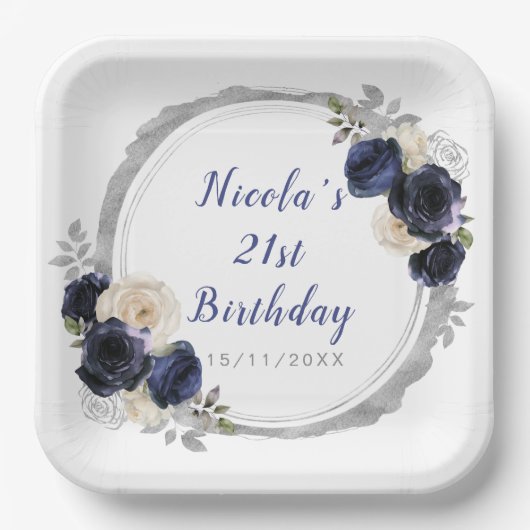 ネイビーブルーとシルバーの花エレガントの誕生日パーティー ペーパープレート (正面)