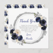 ネイビーブルーとシルバーの花エレガントの誕生日 サンキューカード (正面/裏面)