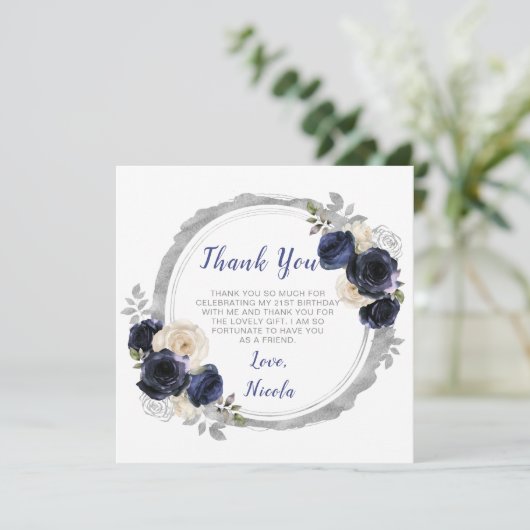 ネイビーブルーとシルバーの花エレガントの誕生日 サンキューカード (スタンド正面)