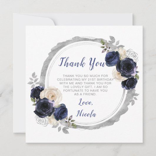 ネイビーブルーとシルバーの花エレガントの誕生日 サンキューカード (正面)
