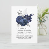 ネイビーブルーとシルバーの花柄 縮小結婚式ゲスト 案内状 (スタンド正面)