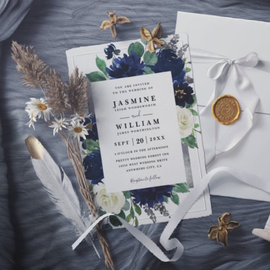 ネイビーブルーとシルバーの花柄QRコードの結婚式 招待状