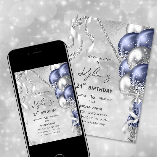 ネイビーブルーとシルバーの誕生日パーティーへの招待 招待状