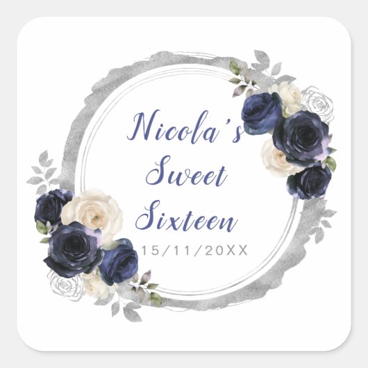 ネイビーブルーとシルバーエレガントの花Sweet sixteen スクエアシール (正面)