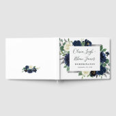 ネイビーブルーとシルバーエレガントアイボリー結婚フローラ ゲストブック (全面)