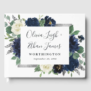 ネイビーブルーとシルバーエレガントアイボリー結婚フローラ ゲストブック