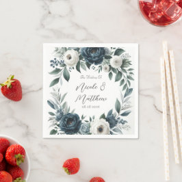 ネイビーブルーとシルバーエレガントアイボリー結婚フローラ スタンダードカクテルナプキン