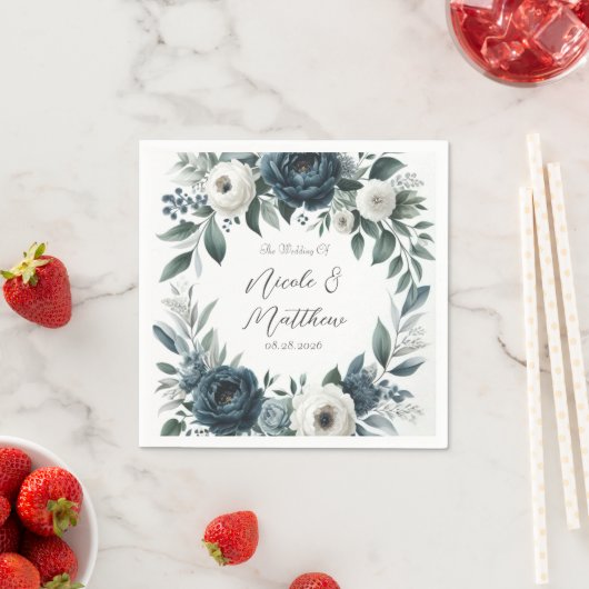 ネイビーブルーとシルバーエレガントアイボリー結婚フローラ スタンダードカクテルナプキン (インサイチュ)