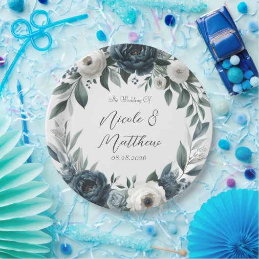 ネイビーブルーとシルバーエレガントアイボリー結婚フローラ ペーパープレート (パーティー)