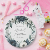 ネイビーブルーとシルバーエレガントアイボリー結婚フローラ ペーパープレート (パーティー)