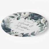 ネイビーブルーとシルバーエレガントアイボリー結婚フローラ ペーパープレート (アングル)