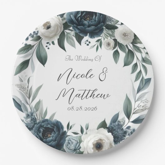 ネイビーブルーとシルバーエレガントアイボリー結婚フローラ ペーパープレート (正面)