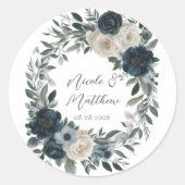 ネイビーブルーとシルバーエレガントアイボリー結婚フローラ ラウンドシール (正面)
