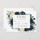 ネイビーブルーとシルバーエレガントアイボリー結婚フローラ 出欠カード (正面/裏面)