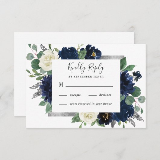 ネイビーブルーとシルバーエレガントアイボリー結婚フローラ 出欠カード (正面/裏面)