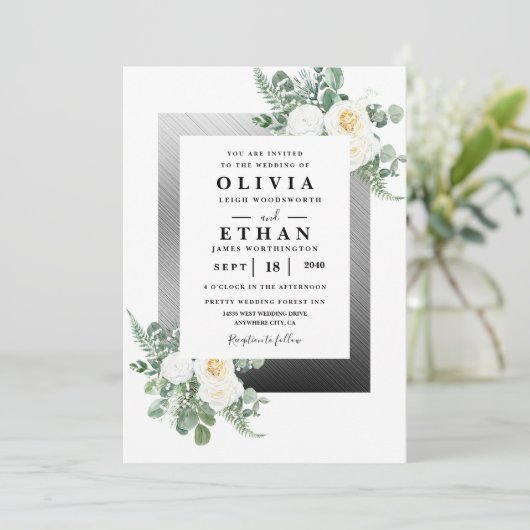 ネイビーブルーとシルバーエレガントアイボリー結婚フローラ 招待状 (スタンド正面)