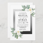 ネイビーブルーとシルバーエレガントアイボリー結婚フローラ 招待状 (正面/裏面)