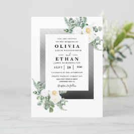 ネイビーブルーとシルバーエレガントアイボリー結婚フローラ 招待状