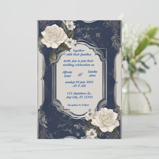 ネイビーブルーとシルバーエレガントアイボリー結婚フローラ 招待状 (スタンド正面)