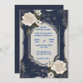 ネイビーブルーとシルバーエレガントアイボリー結婚フローラ 招待状 (正面/裏面)