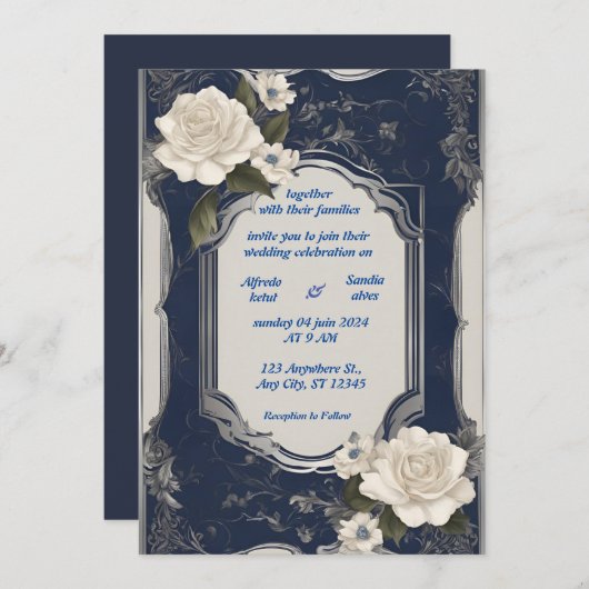 ネイビーブルーとシルバーエレガントアイボリー結婚フローラ 招待状 (正面/裏面)