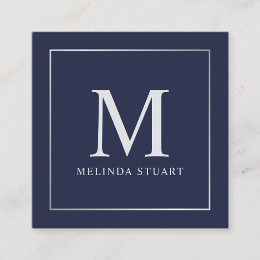 ネイビーブルーとシルバーエレガントモノグラム スクエア名刺 (正面)
