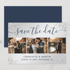 ネイビーブルーとシルバーグリッターフォトコラージュ結婚ズ セーブザデート