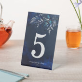 ネイビーブルーとシルバーテーブル番号カード 台座サイン (インサイチュ)