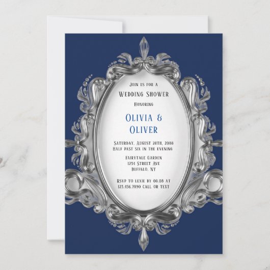 ネイビーブルーとシルバーフレーム王室のウェディングシャワー 招待状 (正面)