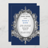 ネイビーブルーとシルバーフレーム王室のウェディングシャワー 招待状 (正面/裏面)