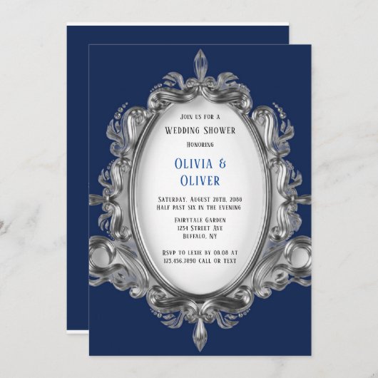 ネイビーブルーとシルバーフレーム王室のウェディングシャワー 招待状 (正面/裏面)