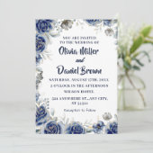 ネイビーブルーとシルバーモダンアイボリー結婚フローラ 招待状 (スタンド正面)