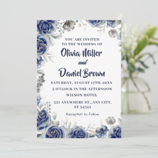 ネイビーブルーとシルバーモダンアイボリー結婚フローラ 招待状 (スタンド正面)