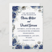 ネイビーブルーとシルバーモダンアイボリー結婚フローラ 招待状 (正面/裏面)