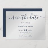 ネイビーブルーとシルバーモダンズ結婚の セーブザデート (正面/裏面)