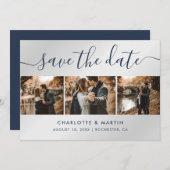 ネイビーブルーとシルバーモダンフォトコラージュ結婚ズ セーブザデート (正面/裏面)