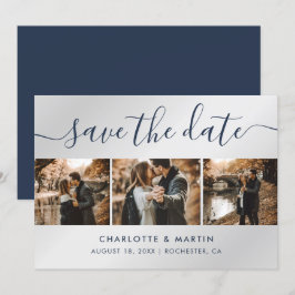 ネイビーブルーとシルバーモダンフォトコラージュ結婚ズ セーブザデート