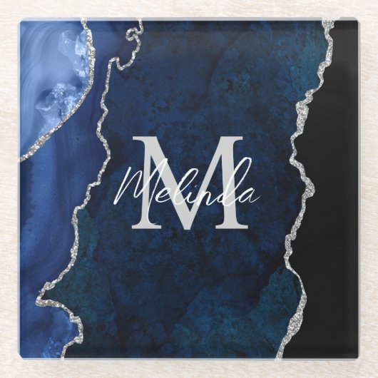 ネイビーブルーとシルバー大理石瑪瑙 ガラスコースター (正面)