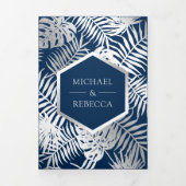 ネイビーブルーとシルバー箔トロピカルパーム結婚ズ 三つ折り招待状 (カバー)